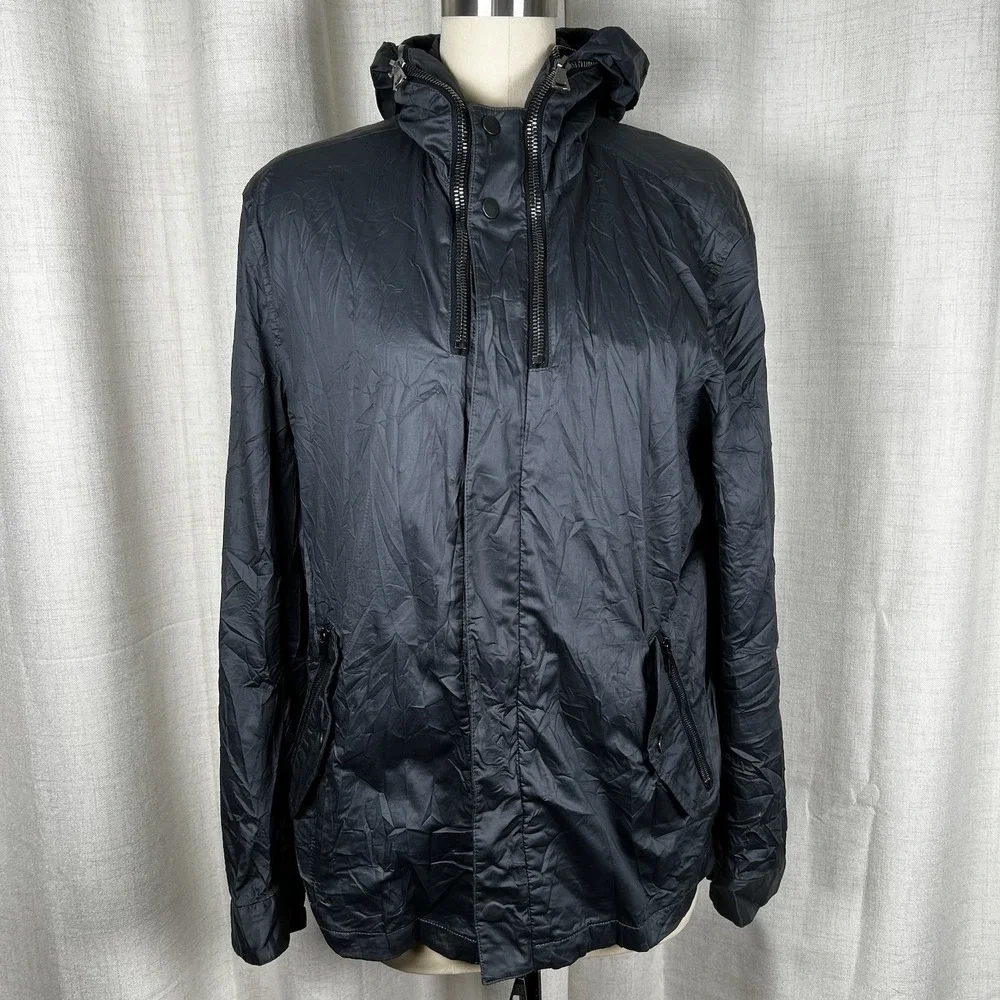 John Varvatos Waxed Cotton Shell Rain Jacket Blue Men's 52 Zip‎ Up Hooded